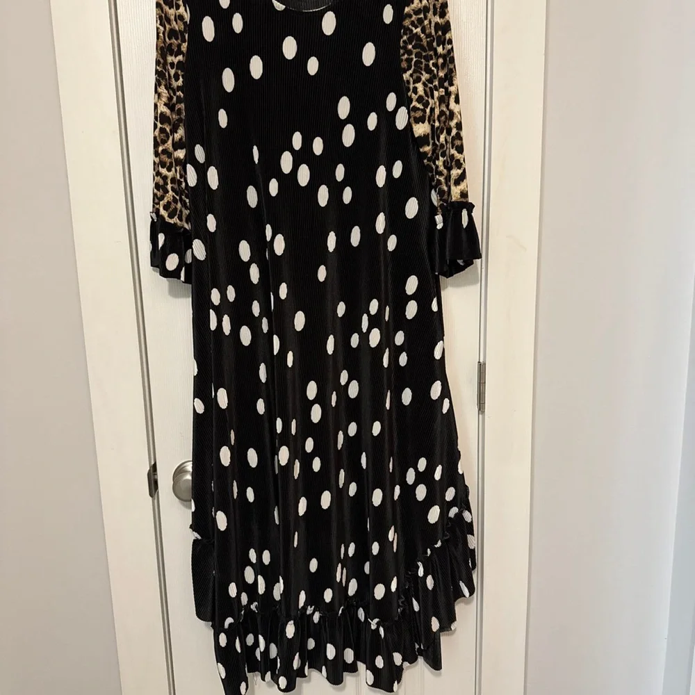 Celeste Black and White Polka Dot Dress with Leopard Print Sleeves - Picture 1 of 1
